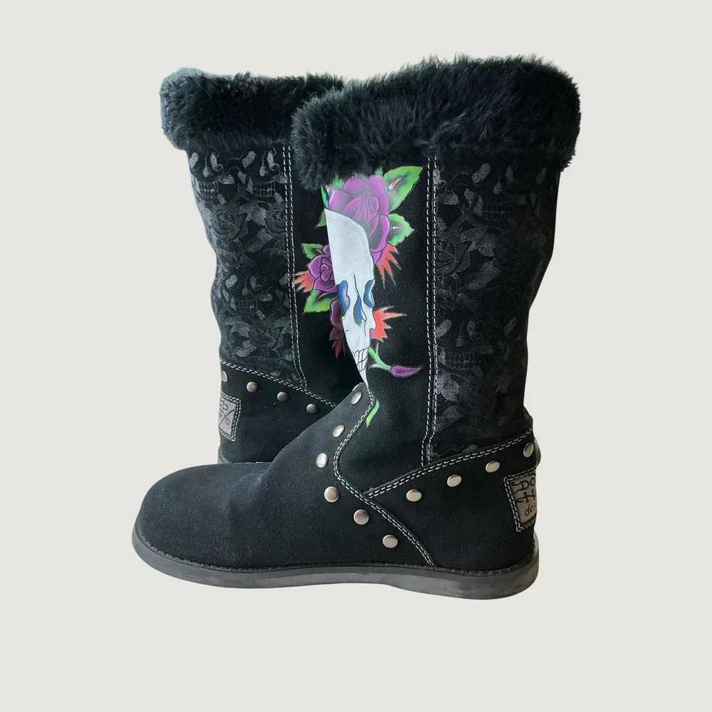 Ed Hardy Black Suede Skull Rose Tattoo Faux Fur Studded Boots 9 19FBS207W